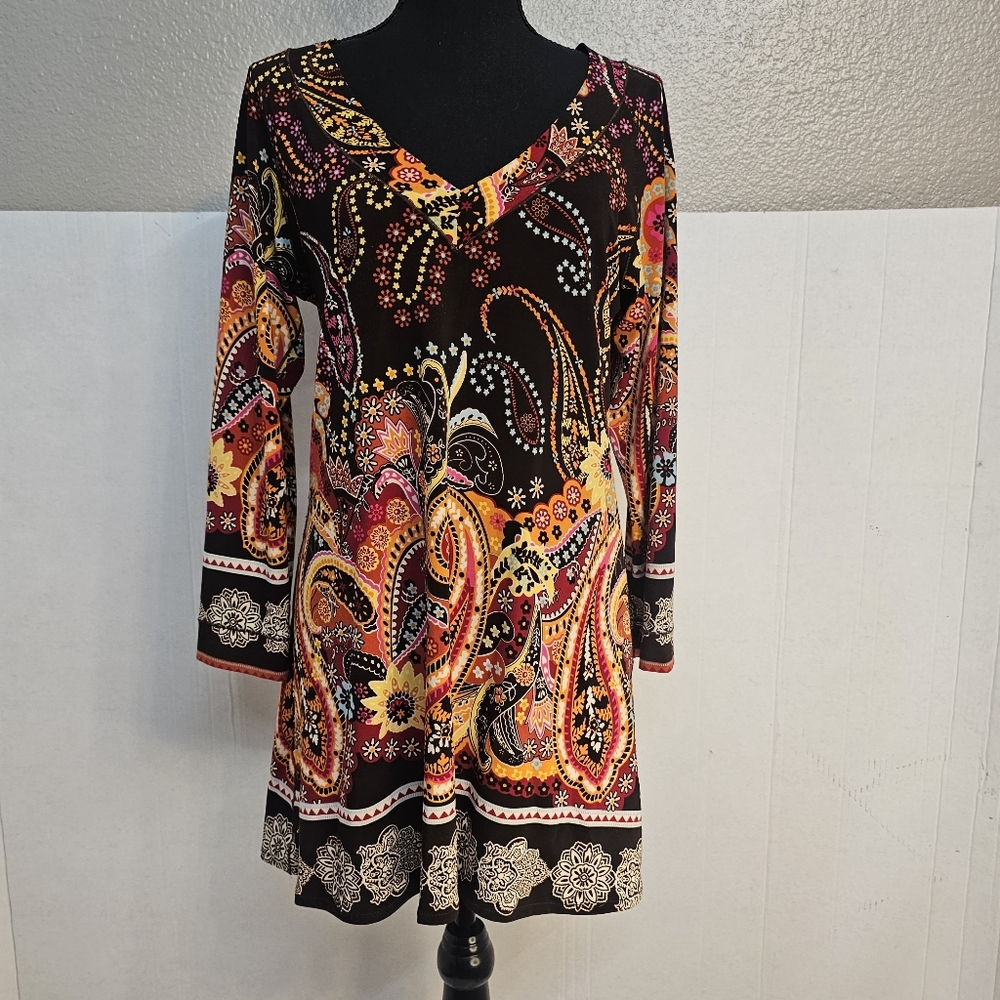 EvoVorro Womens Long Sleeve V-neck Tunic Dress Sz Large Paisley Floral Boho W487